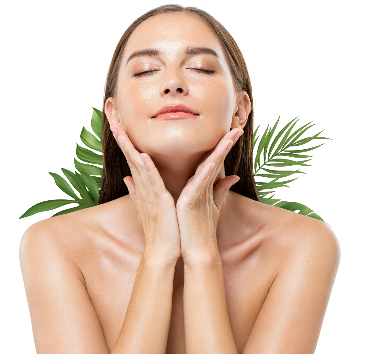 Relaxed woman with glowing skin and leaves